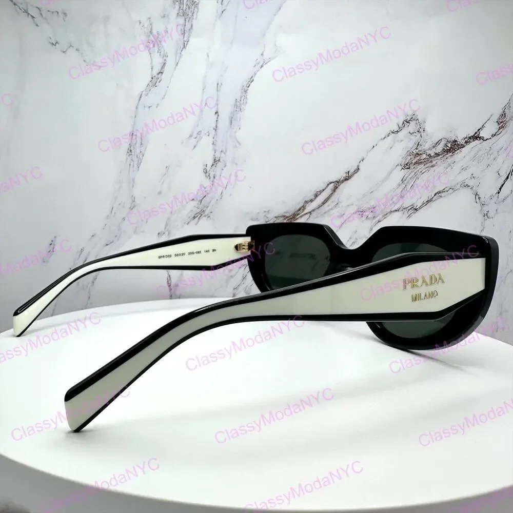 New PRADA Sunglasses Black White Talc Gold Symbole Oval Cat Eye Womens